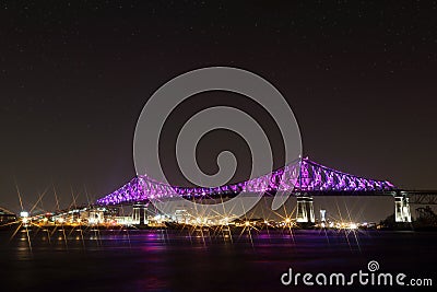 Jacques Cartier Bridge Illumination in Montreal. Montrealâ€™s 375th anniversary. luminous colorful interactive Stock Photo